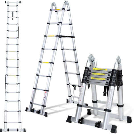 Randaco Scala telescopica in alluminio 2,5m+2,5m Argento senza ganci Con stabilizzatore Con ruote carico massimo 150 kg