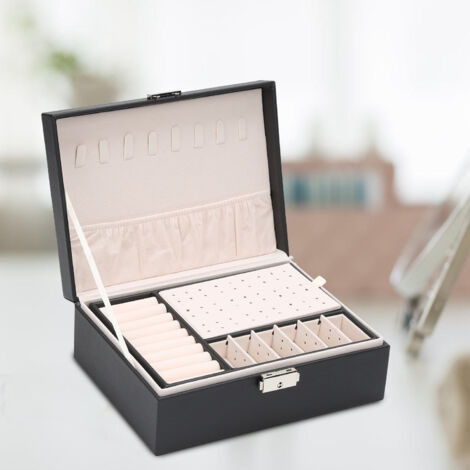Randaco Schmuckkasten Doppelschicht Aufbewahrungskoffer für Ringe Ohrringe Armbänder Halsketten Schmuck Veranstalter Geschenkbox für Frauen und Mädchen Schwarz