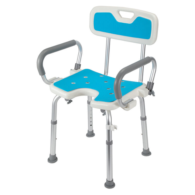 Einfeben Siège de douche réglable en hauteur tabouret de douche antidérapants charge max.136 Kg alu hdpe blanc Bleu Accoudoir réversible Avec dossier