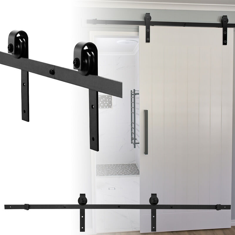 Image of Hengda Kit de porte coulissante système coulissante Ferrure pour Système pour Portes Coulissantes avec rail de roulement Ensemble comple 152cm - Nero