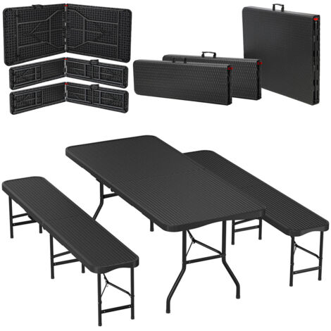 Randaco Table et bancs pliants 3 pièces pour 6-10 personnes set brasserie 180 cm HDPE+acier portable avec poignée pour jardin barbecue intérieur extérieur