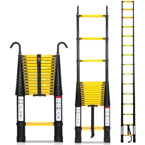 Randaco Teleskopleiter, 1,9m +1,9m Mehrzweckleiter, Ausziehbares Aluminium, rutschfeste ausziehbare Stufenleiter, stabile Sprossenleiter Klappleiter - schwarz+gelb