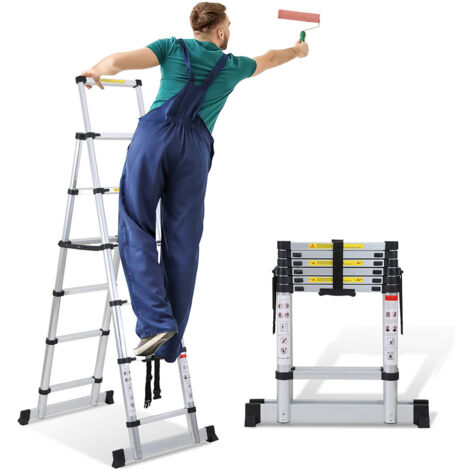 Randaco Teleskopleiter Ausziehleiter Klappleiter Stabil Aluminium Stehleiter bis 150kg 1.7m+2.0m Mit Waagebalken