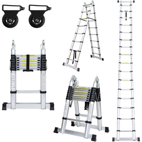 Randaco Teleskopleiter Ausziehleiter Klappleiter Stabil Aluminium Stehleiter bis 150kg 2,5m+2,5m Silber ohne haken Mit Stabilisator Mit Rädern