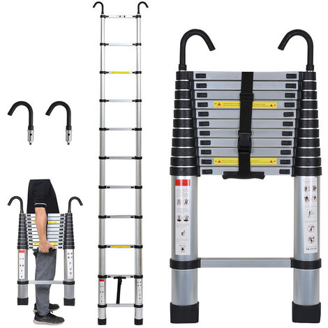 Randaco Teleskopleiter Mit Haken Ausziehleiter bis 150kg Stabil Aluminium Stehleiter Silber 3.2m - Silber