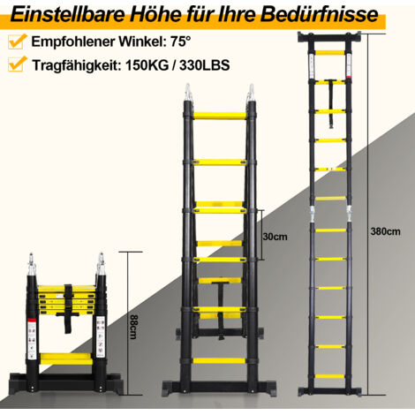Randaco Teleskopleiter schwarz 3.8m Mit Haken Ausziehleiter bis 150kg Stabil Aluminium  Anlegeleiter  Multifunktionsleiter Sicherheitsmerkmal Stehleiter
