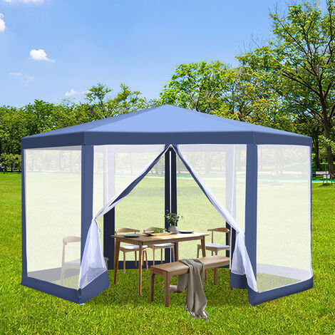 Randaco Tente avec moustiquaire Pavillon avec moustiquaire Pavillon Tente de fête Protection UV Tente de réception polyester 6 angles - bleu