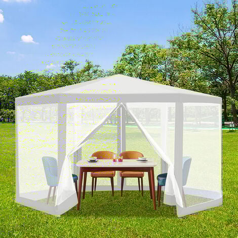 Randaco Tente avec moustiquaire Pavillon avec moustiquaire Tente de réception imperméable Pavillon barbecue 6 angles - Blanc