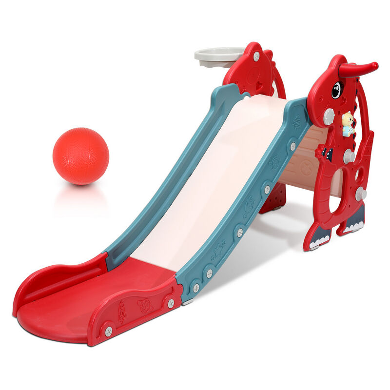 Randaco - Toboggan pour enfants Toboggan de jardin 4 en 1 avec panier de basket Anneau de lancer Apprentissage de l'anglais rouge