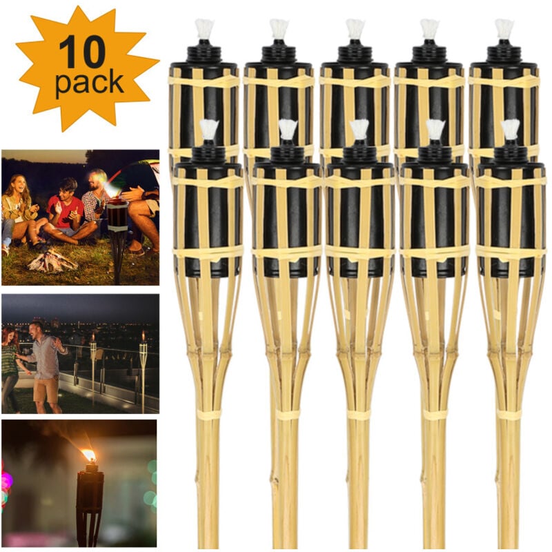 Swanew Torche de jardin en lot de 10, flambeaux en bambou, avec mèche, éclairage d'ambiance, hauteur : 90 cm, nature
