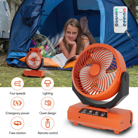 Randaco Ventilador de camping con LED, 3 ajustes de brillo, 4 velocidades, batería de 20000 mAh, para el hogar, oficina, coche y actividades al aire libre, naranja