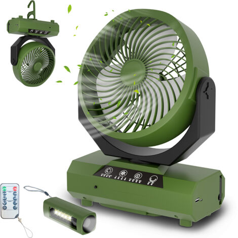 Randaco Ventilador de camping con LED,3 niveles de luminosidad,4 velocidades,Batería 20000 mAh,para la oficina en casa, el coche y las actividades al aire libre,Verde