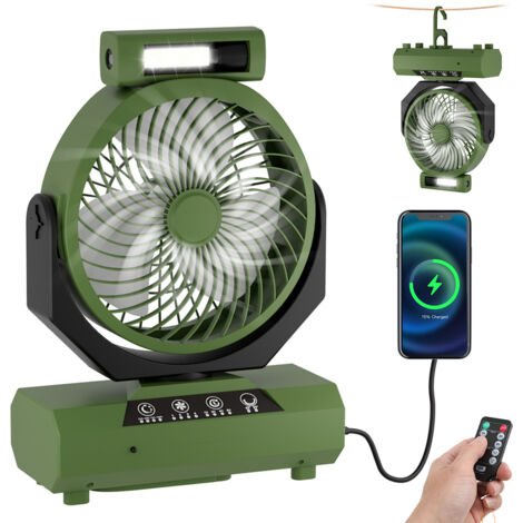Randaco Ventilateur De Camping Usb 20000 Mah Avec Lumière Led,Ventilateur De Bureau/Tente Rechargeable Portable Avec Télécommande Et Croch,Vert