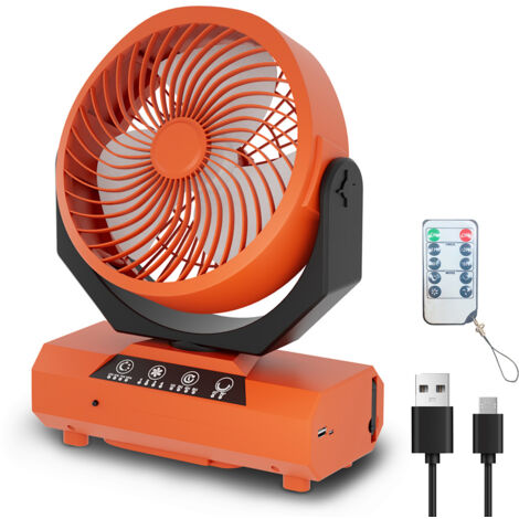 Randaco Ventilatore da campeggio con LED, 3 impostazioni di luminosità, 4 velocità, batteria 20000 mAh, per casa ufficio auto e attività all'aperto, arancione
