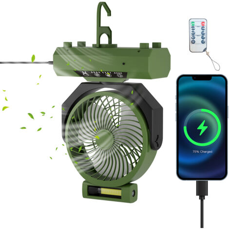 Randaco Ventilatore da campeggio con LED, 3 impostazioni di luminosità, 4 velocità, batteria 20000 mAh, per casa ufficio auto e attività all'aperto, verde