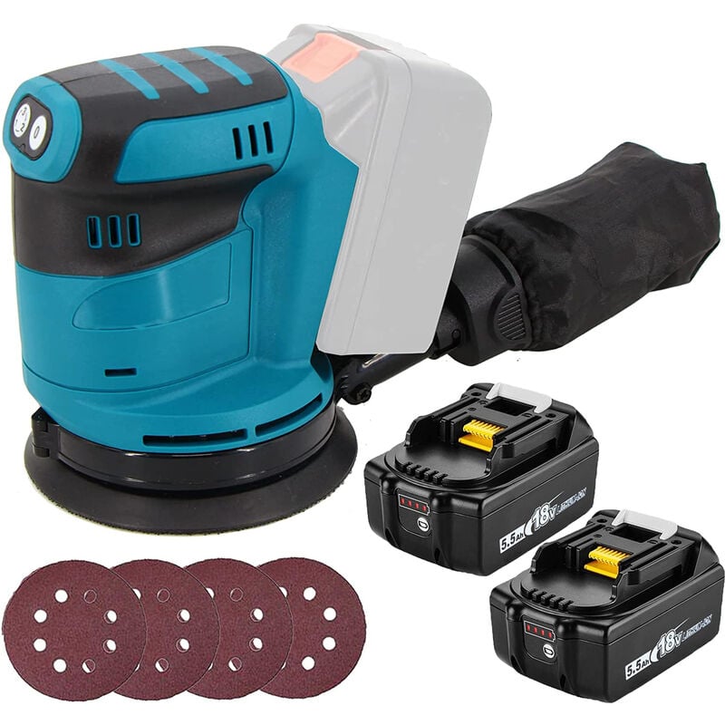 Random Orbital Sander, Cordless Electric Random Orbit Sander Compatible with Makita 18V Battery, with 125mm 4Pcs Sandpapers 2X 5.5Ah