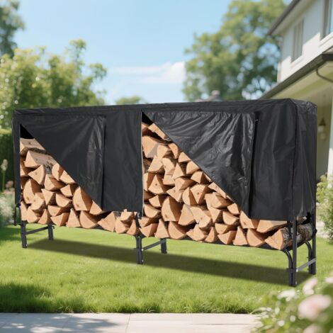 Range Bûche Intérieur Extérieur, avec housse de protection,pour Bois de Chauffage, 244x34x110CM, Charge 350 KG, Cadre en Fer
