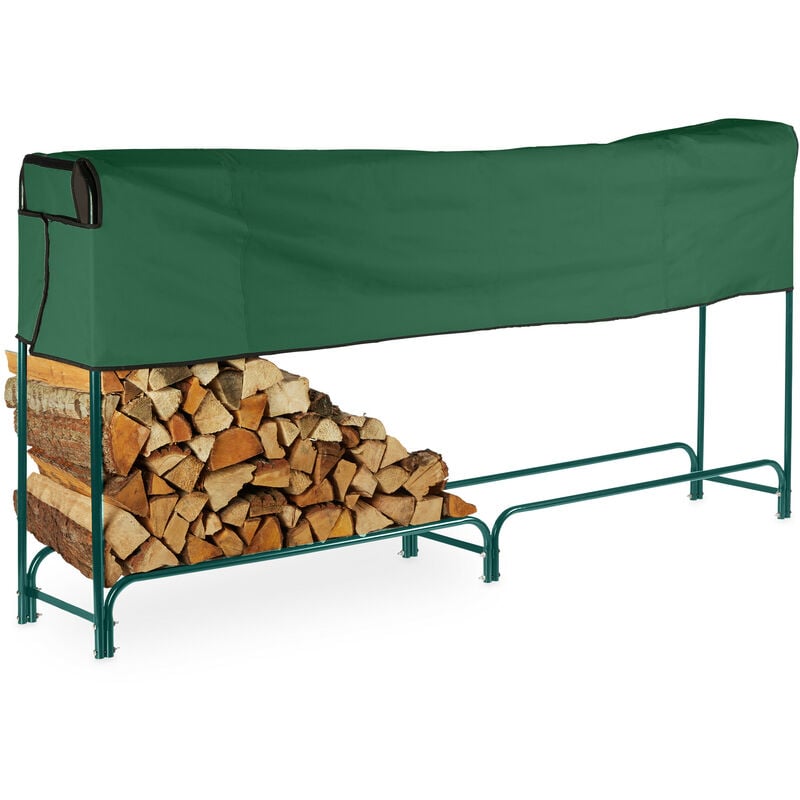 Range-bûches avec protection, acier, accessoire pour bois de chauffage, h x l x p : 122x250x30 cm, vert foncé - Relaxdays
