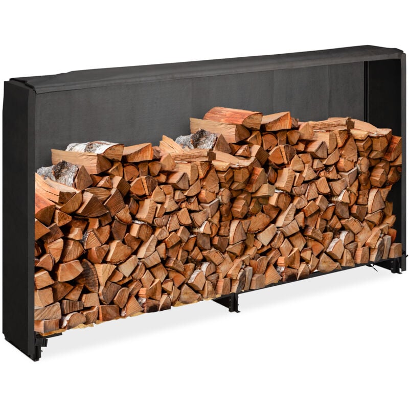 Relaxdays - Range-bûches avec protection, pour bûches à partir de 25 cm, support en fer, HxLxP : 110 x 200 x 29 cm, noir