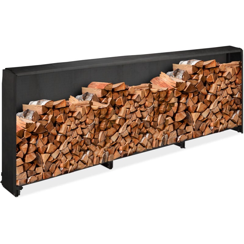 Relaxdays - Range-bûches avec protection, pour bûches à partir de 25 cm, support en fer, HxLxP : 110 x 322 x 29 cm, noir