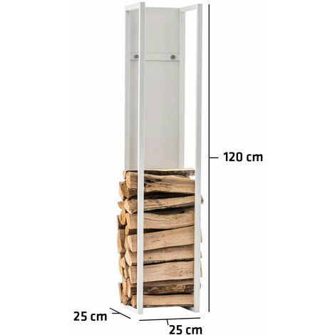 Range-bûches étagère en métal blanc bois de cheminée 25x25x120 cm