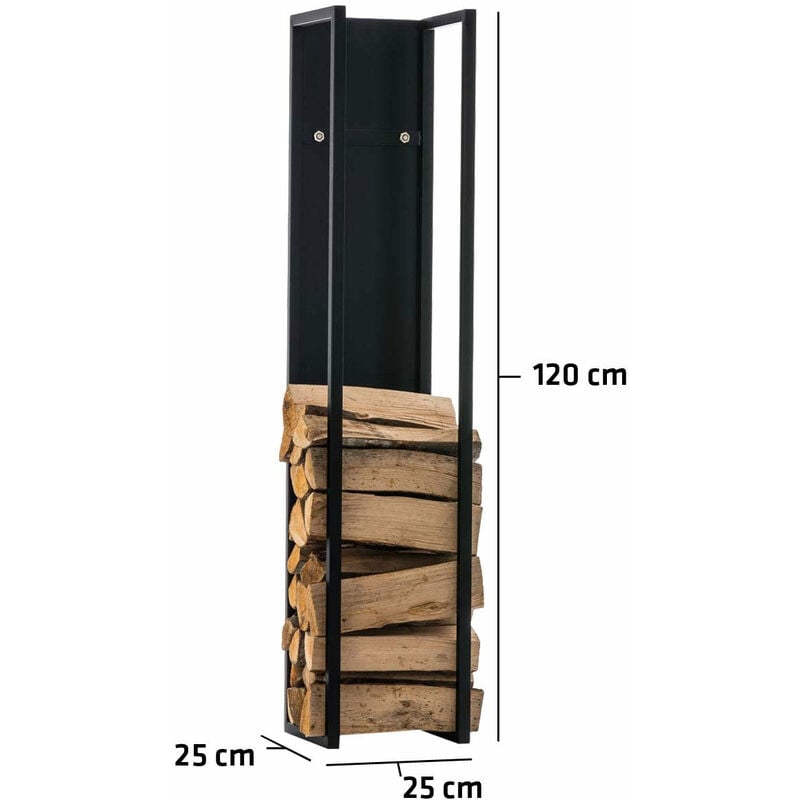 Range-bûches étagère en métal noir bois de cheminée 25x25x120 cm DEC10019