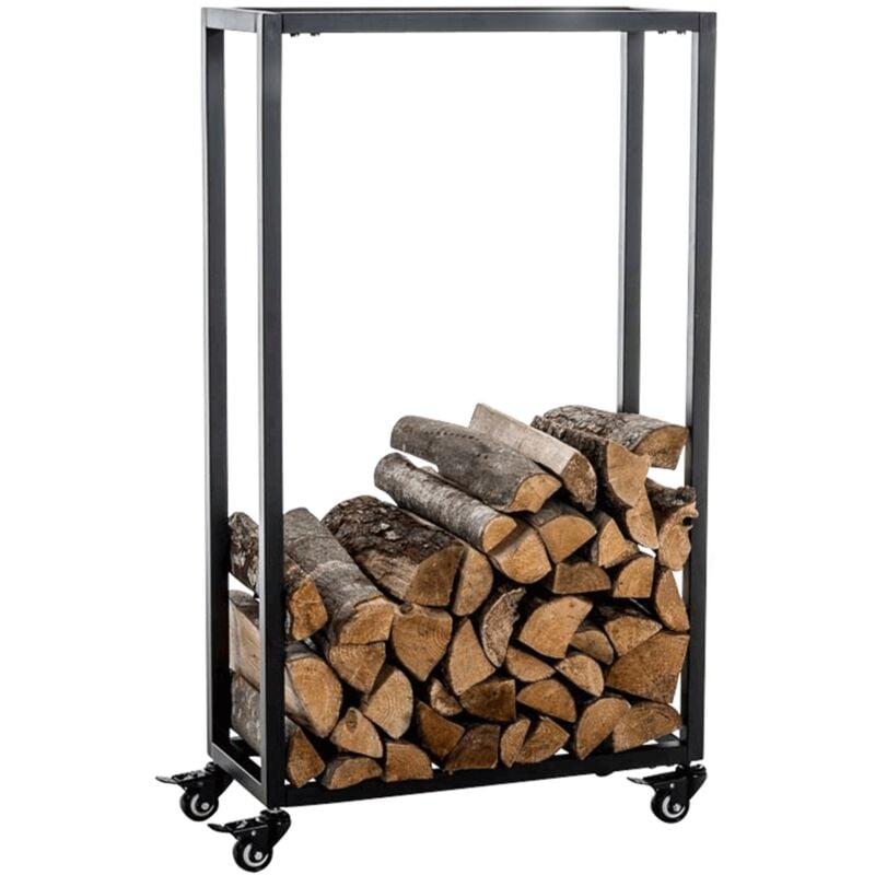 Range-bûches étagère support bois de cheminée sur roulettes 100x40x25 cm en métal noir 100003528