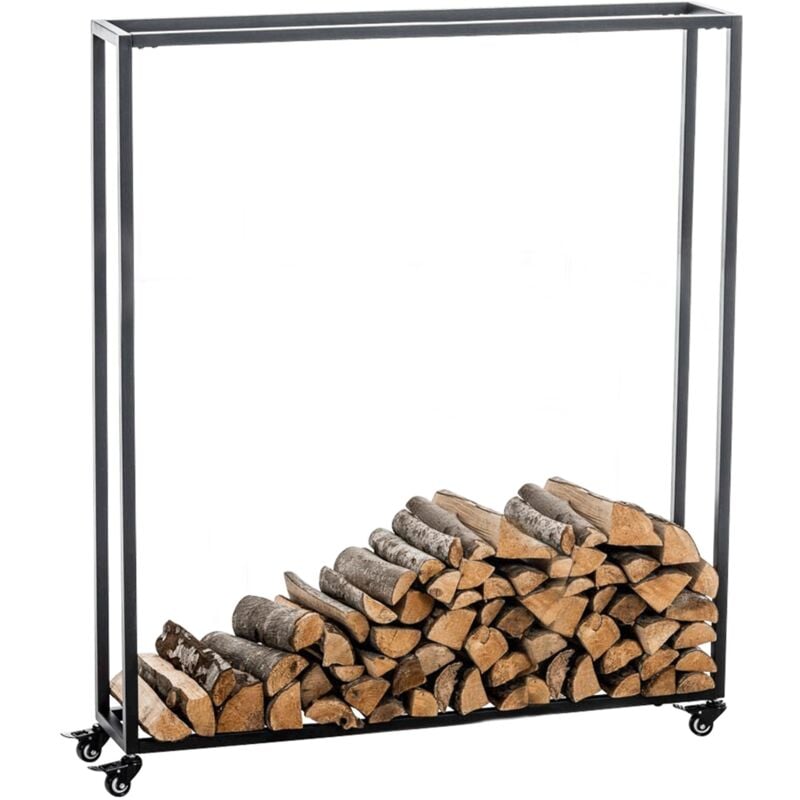 Range-bûches étagère support bois de cheminée sur roulettes 150x100x25 cm en métal noir 100003527
