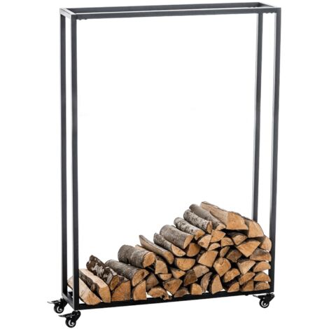 Range-bûches étagère support bois de cheminée sur roulettes 150x80x25 cm en métal noir 100003533