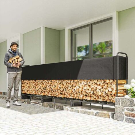 Range bûches extérieur, abri bois de chauffage couverture imperméable 600D Oxford charge 300 kg 389 x 38 x 118 cm noir