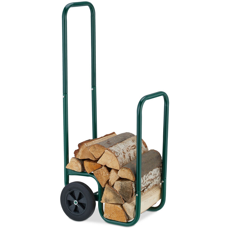 Relaxdays - Range-bûches mobile, 2 roues, jusqu'à 60 kg, pour bûches standards, support bois de chauffage, acier, vert