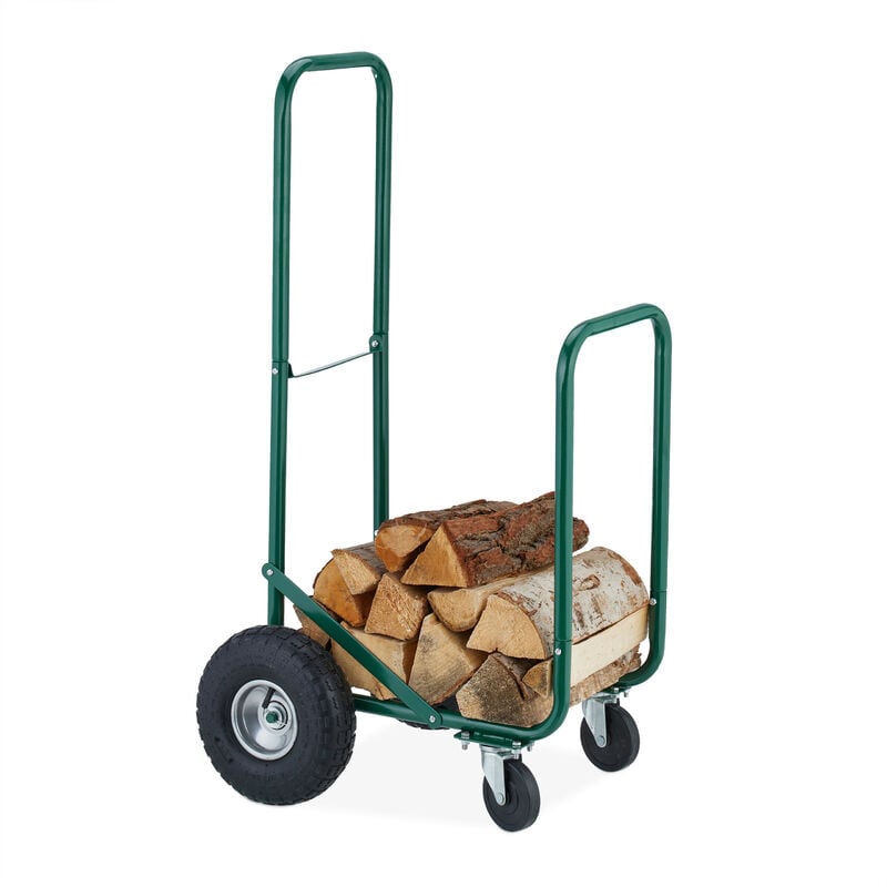 Relaxdays - Range-bûches sur roues, pivotant à 360°, jusqu'à 60 kg, bûches de max. 33 cm, support bois de chauffage, vert