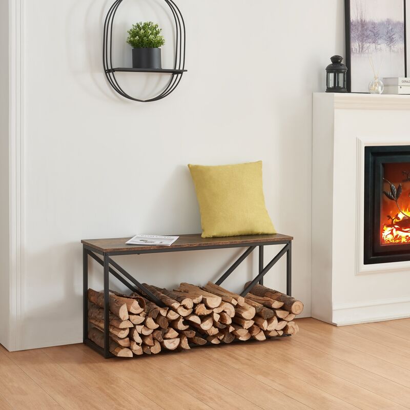 [En.Casa] – Range-bûches intérieur 50 x 100 x 30 cm – Cadre acier laqué noir – Étagère effet bois foncé – Rangement bois de chauffage pratique