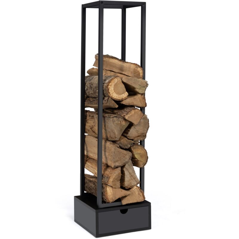 Range bûches vertical acier noir h. 125 cm avec tiroir