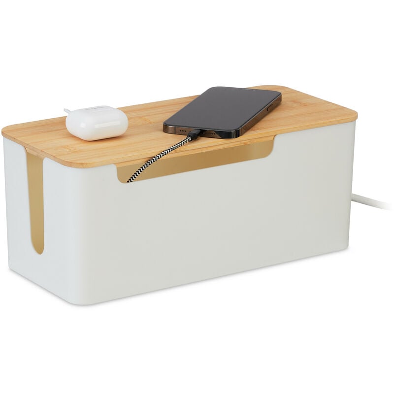 Range-câbles pour 2 multiprises, couvercle en bambou, plastique, HxLxP: 13x31x14 cm, boîtier, blanc - nature - Relaxdays