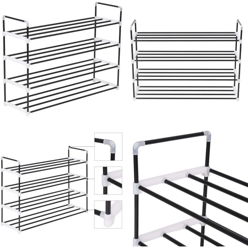 Range-chaussures avec 4 étagères Métal et plastique noir - Étagère à Chaussures - Rangement Chaussures - Meuble Chaussure - Support Chaussures