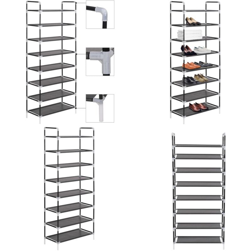 Range-chaussures avec 8 étagères Métal et Tissu non tissé Noir - Etagere Chaussure - Meuble Rangement Chaussures - Organiseur Chaussures - Rangement