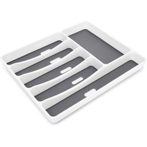Range-couverts en matière plastique 6 compartiments Rangement tiroir Cuisine 4.6 x 32x 40 cm, couche antidérapante & plots, blanc/ anthracite