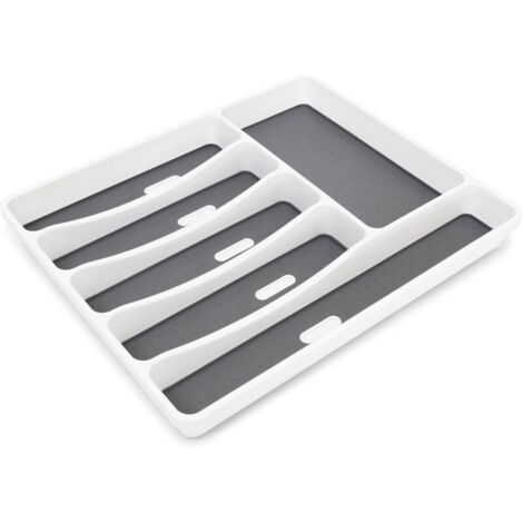 Range-couverts en matière plastique 6 compartiments Rangement tiroir Cuisine 5 x 32,5 x 40,5 cm, couche antidérapante & plots, blanc/ anthracite