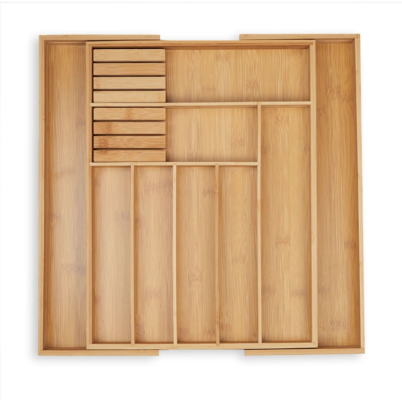Relaxdays - Range-couverts extensible, bambou, entre 7 & 9 compartiments, 2 blocs à couteaux, 5,5x45x44,5 cm, nature