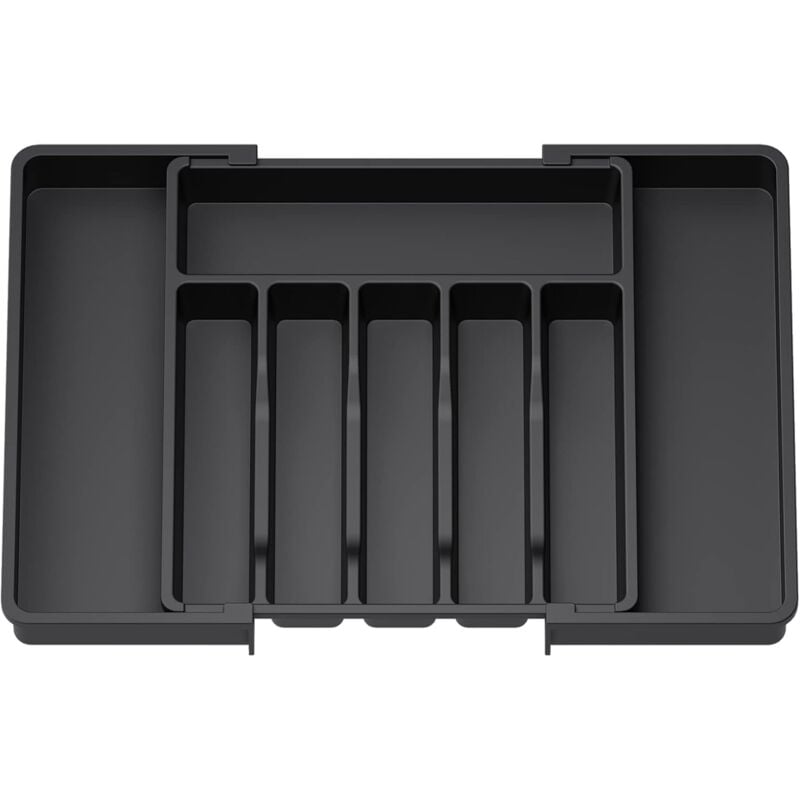 Range Couverts-Noir, Plateau d'Ustensiles Extensible pour Tiroir, Organisateur de Tiroir Réglable pour la Cuisine, Rangement Compact en Plastique