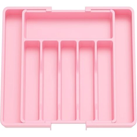 Range Couverts, Plateau d'Ustensiles Extensible pour Tiroir, Organisateur de Tiroir Réglable pour la Cuisine, Rangement Compact en Plastique pour Cuillères, Fourchettes, Rose