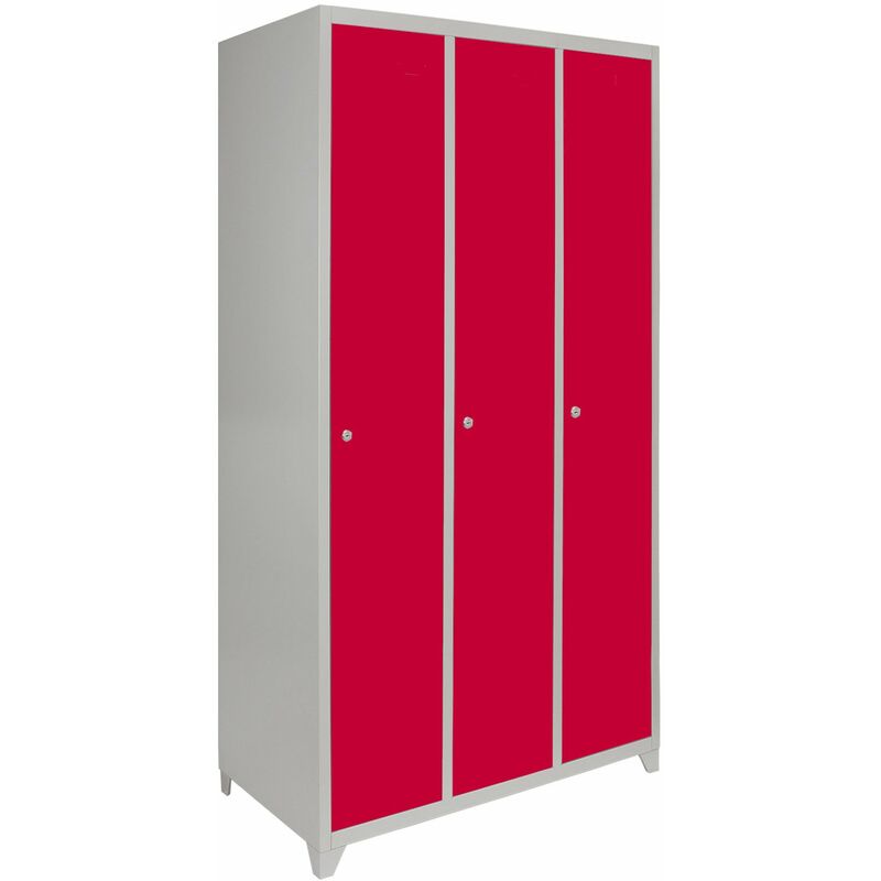 Monster-shop - Rangée de 3 Casier Métallique Rouge et Gris en Acier à 1 Porte pour vestiaires 180 x 90 x 50 cm gym école ou bureau - Livré à Plat &