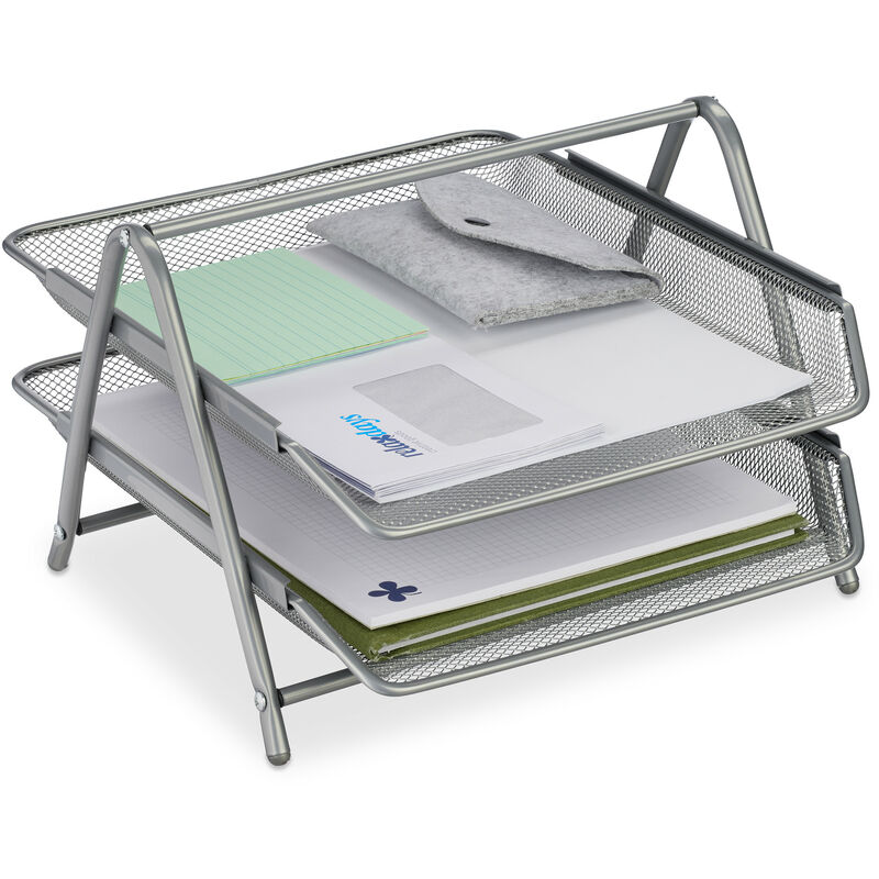Range-documents, 2 niveaux, organiseur bureau en métal, HxLxP : 20,5 x 30 x 35,5 cm, aspect maille, argent - Relaxdays