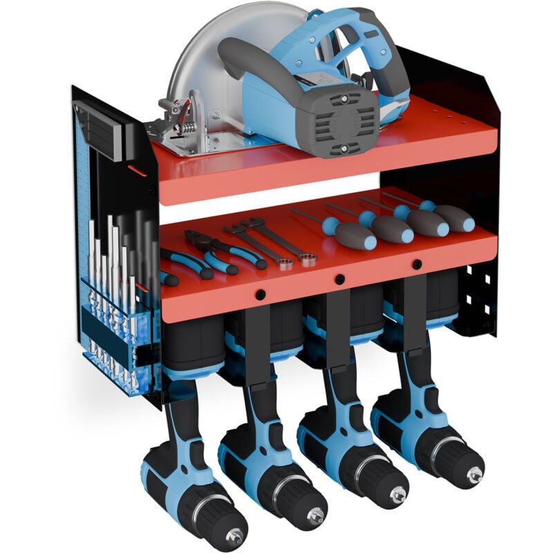 Rangement mural pour perceuse, 4 visseuses, HxLxP : 30,5x44x23 cm, organiseur pour garage, acier, rouge - noir - Relaxdays