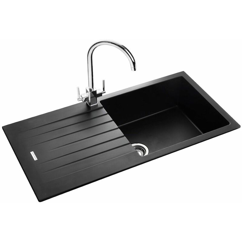 Image of Andesite Kitchen Sink 1.0 Bowl Black Granite Inset Reversible Waste - Black - Rangemaster