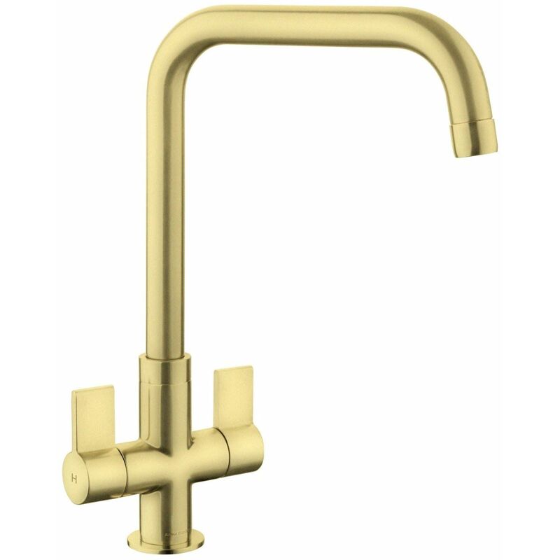 Image of Rangemaster - Aquaquad Kitchen Mixer Tap Brushed Brass d Shape Spout Twin Lever - Brass