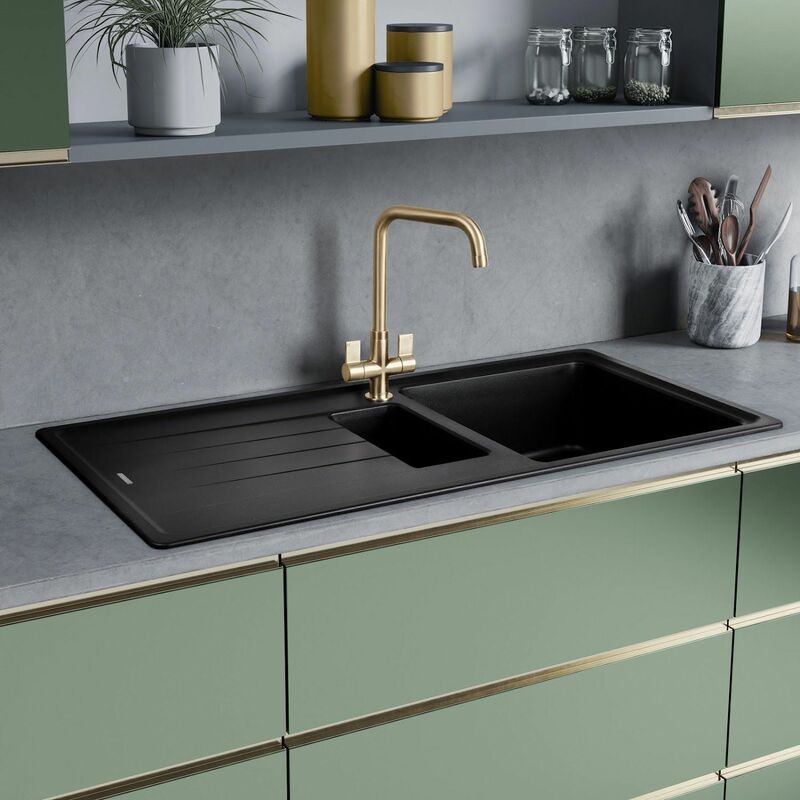 Image of Elements Kitchen Sink 1.5 Bowl Black Granite Inset Reversible Waste - Black - Rangemaster