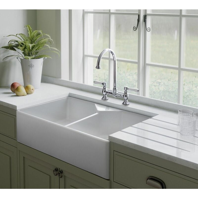 Image of Rangemaster Farmhouse Belfast Kitchen Sink Double Bowl 2.0 Ceramic White Stylish