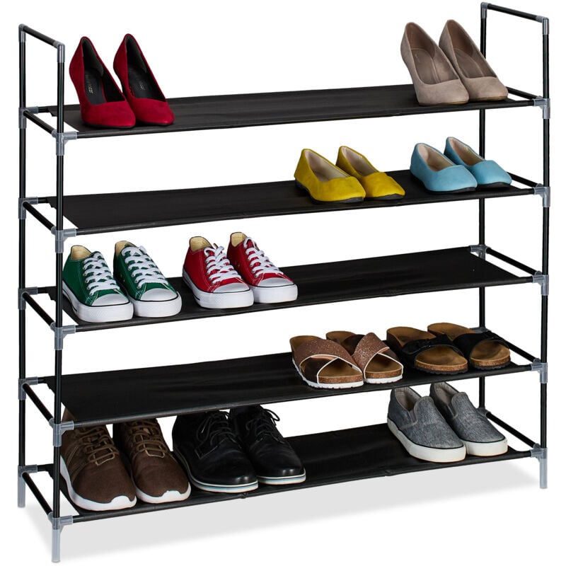 Rangement à chaussures, 5 niveaux, HxLxP : 91x100x28 cm, meuble métal & niveaux en tissu, noir - transparent - Relaxdays